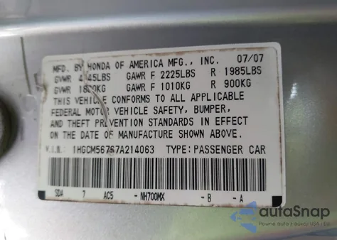 2007 Honda Accord 2.4 Ex z USA, uszkodzony, nr VIN 1HGCM56767A214063